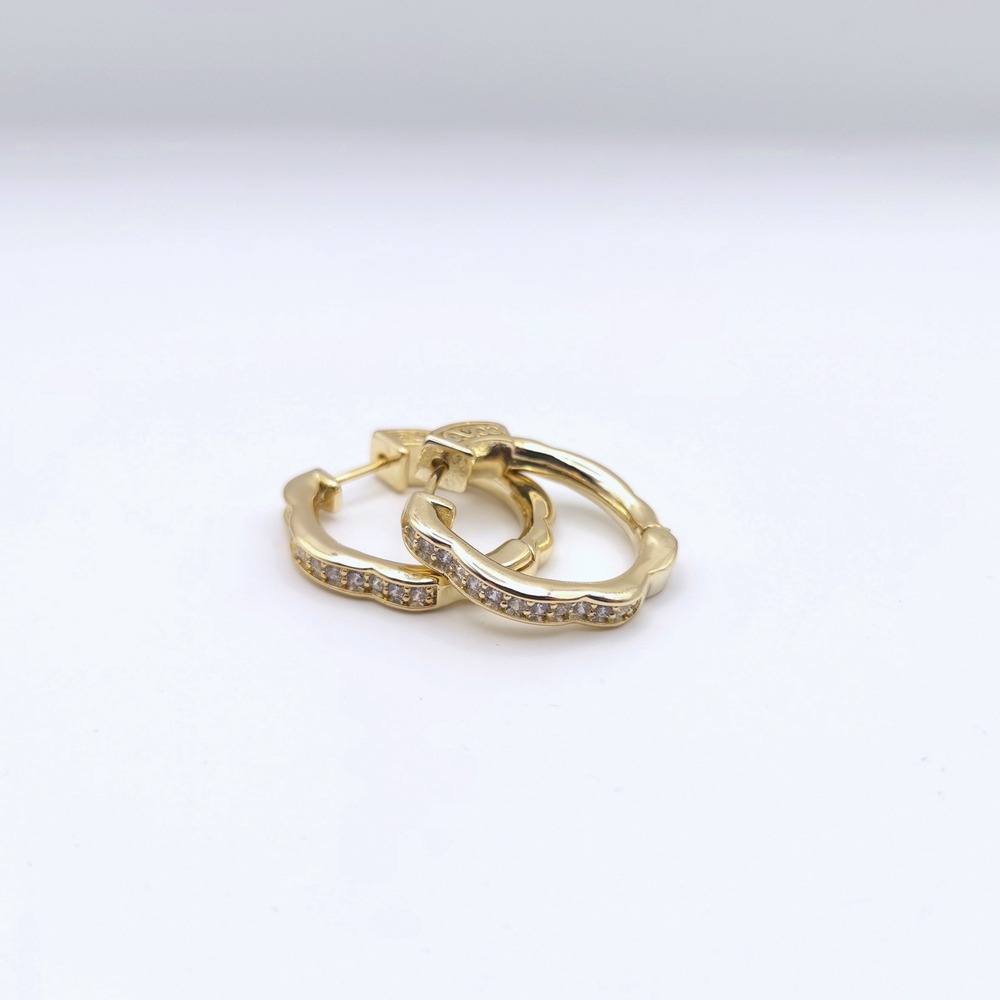 Gold Tone Scalloped Cubic Zirconia Hinged Hoop Earrings Wavy Huggies
